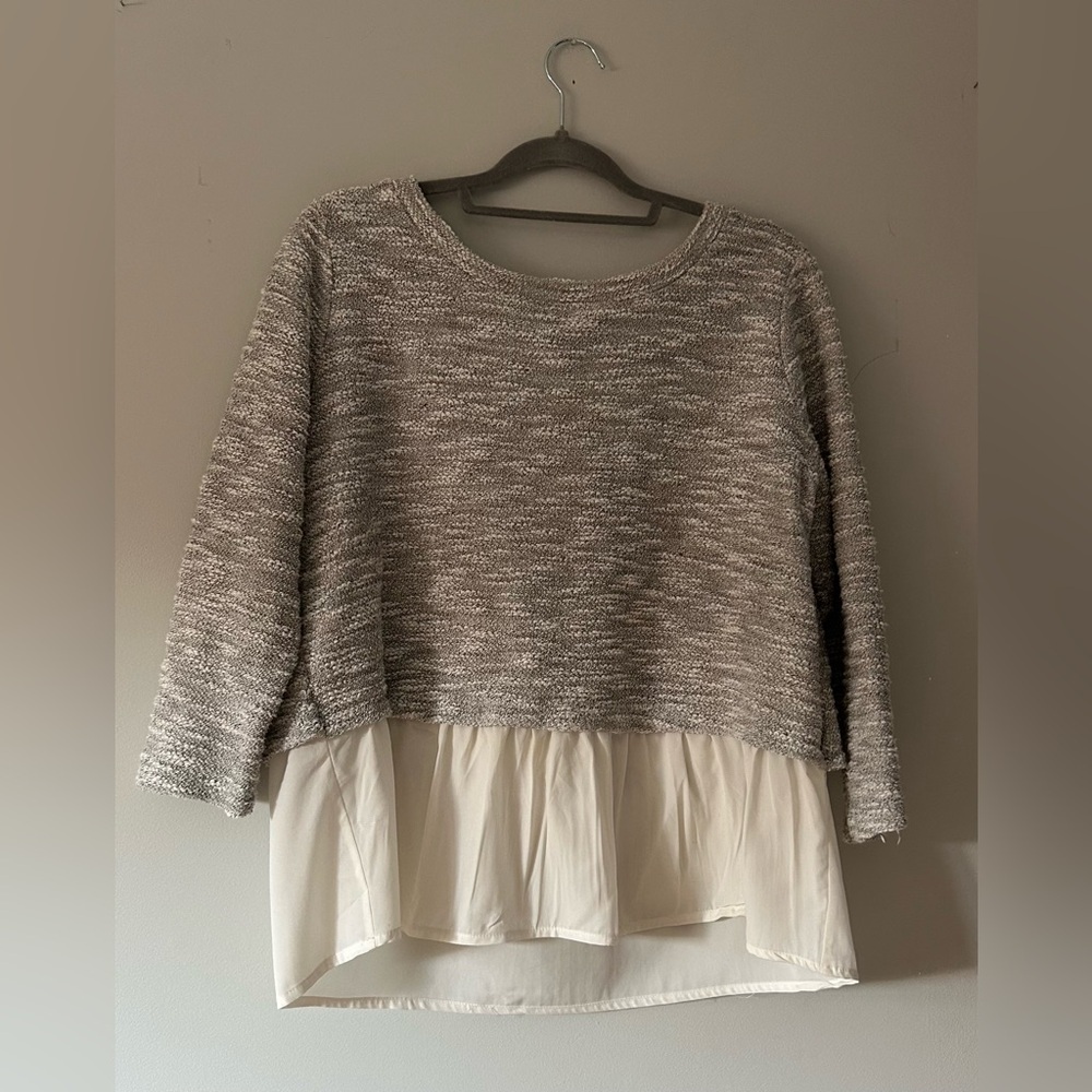 Anthropology Gray Textured Knit Sweater Top with Chiffon Hem & Bow Back Detail L